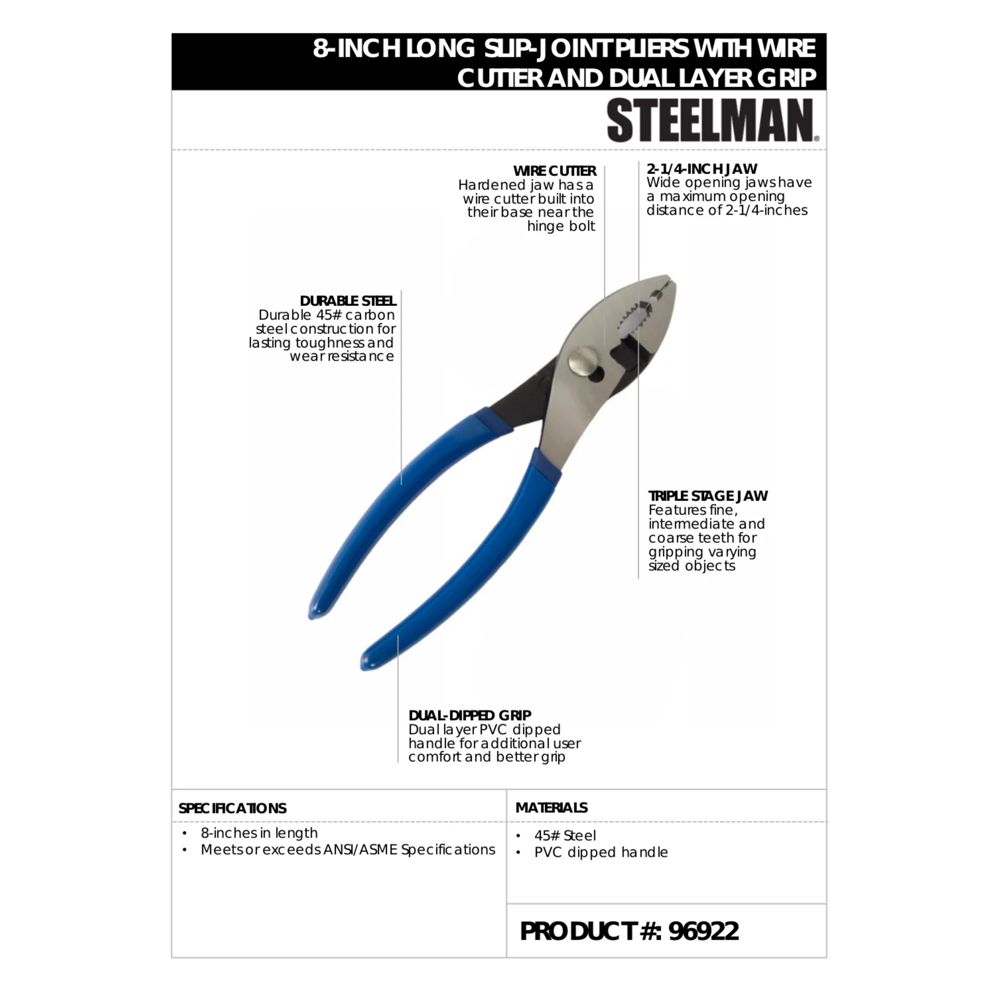 8-Inch Long Slip-Joint Pliers with Wire Cutter and Dual Layer Black Grip - Image 3
