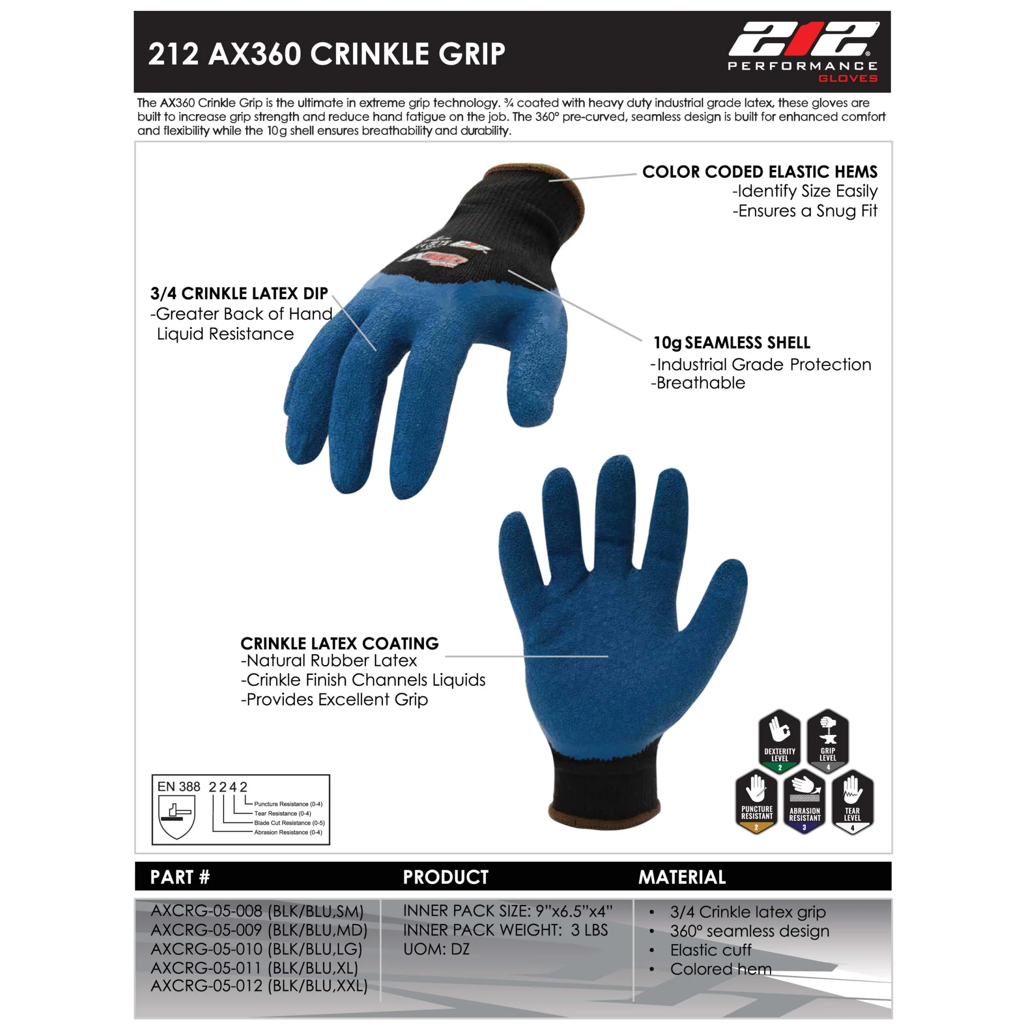 AX360 Latex-dipped Crinkle Grip Cut Resistant Gloves in Blue and Black (EN Level 2 / ANSI A2) - Image 6