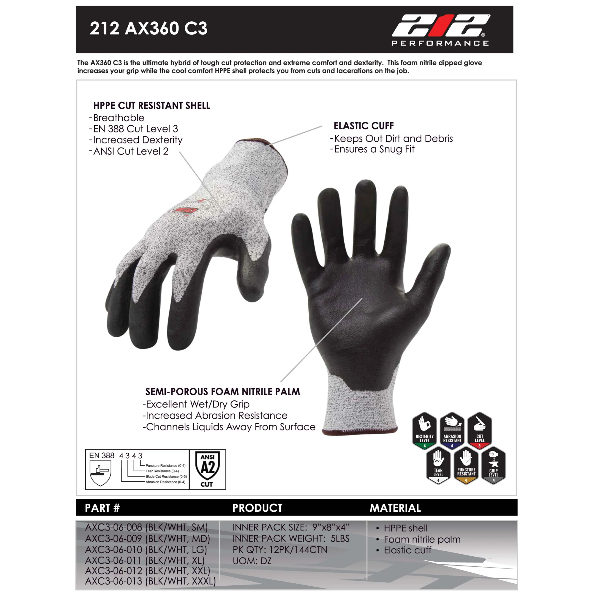 AX360 Foam Nitrile-dipped Cut Resistant Gloves in Black and Gray (EN Level 3, ANSI A2) - Image 6
