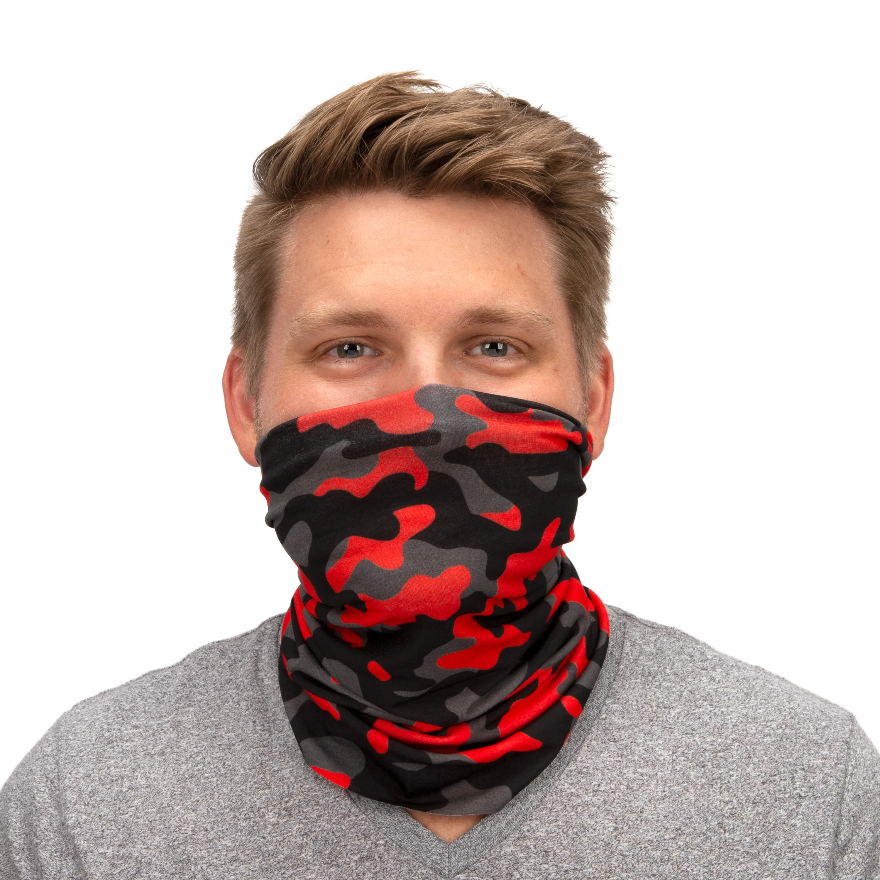Protective Neck Gaiter and Particulate Filtering Face Cover in Red / Grey / Black Camo - Image 7