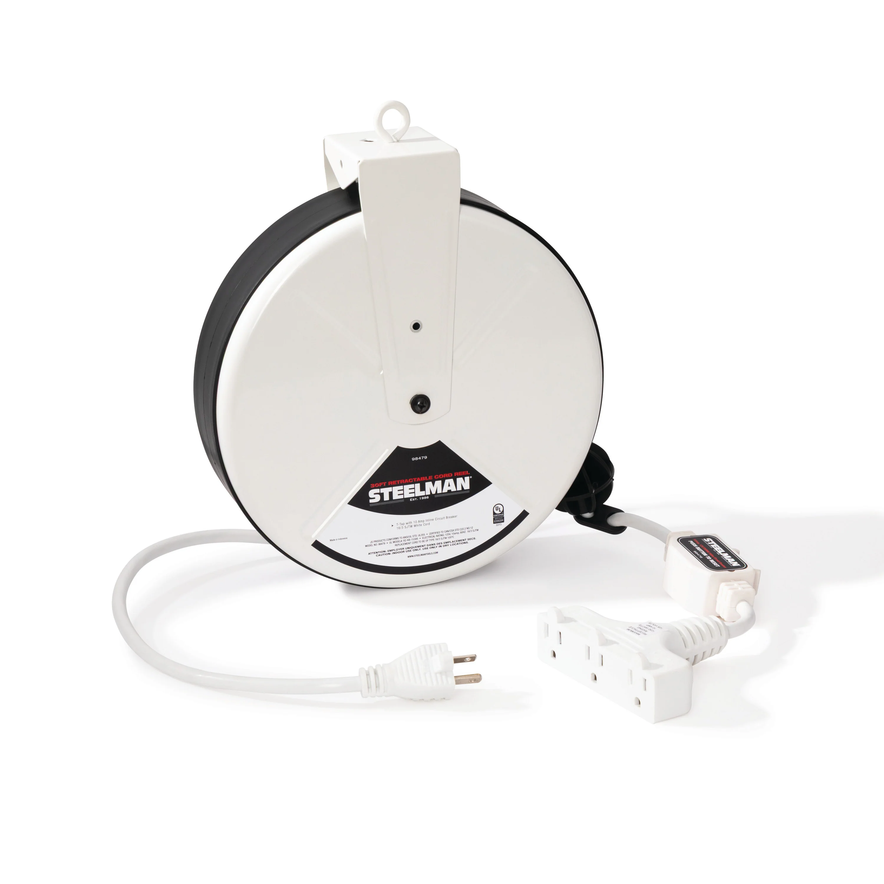30-Foot Retractable Cord Reel with Triple Tap and 10A Inline Circuit Breaker