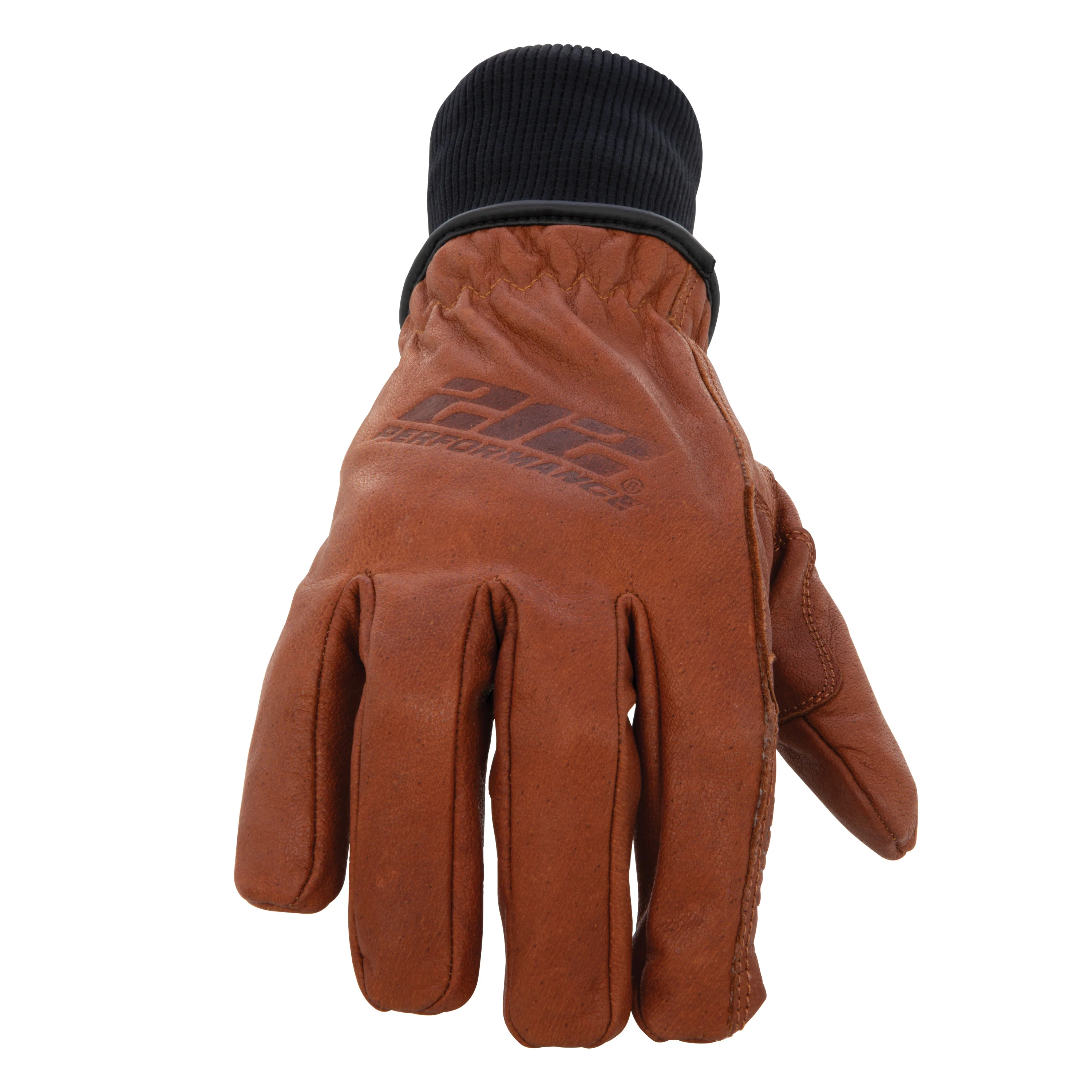 Waterproof Fleece Lined Buffalo Leather Driver Winter Work Glove with Rib Knit Cuff in Russet Brown - Image 2